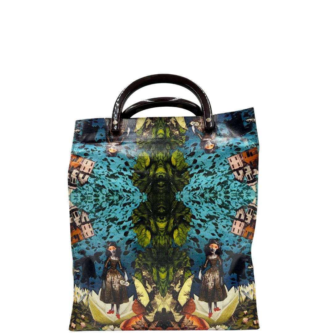 Retro Borsa Furla in fibra sintetica multicolore stampata con fantasia artistica surreale e manici rigidi marroni in acetato con inserti metalliche dorate. Completa di dustbag. Originale, usata, di lusso, in ottime condizioni