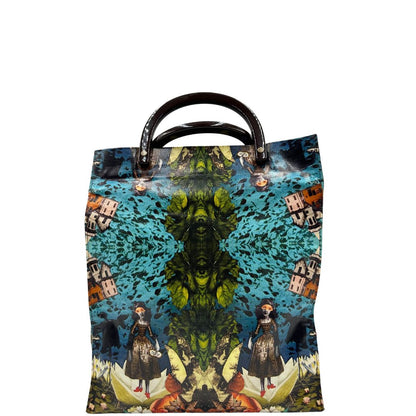 Retro Borsa Furla in fibra sintetica multicolore stampata con fantasia artistica surreale e manici rigidi marroni in acetato con inserti metalliche dorate. Completa di dustbag. Originale, usata, di lusso, in ottime condizioni