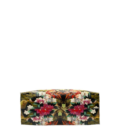 Base Borsa Furla in fibra sintetica multicolore stampata con fantasia artistica surreale e manici rigidi marroni in acetato con inserti metalliche dorate. Completa di dustbag. Originale, usata, di lusso, in ottime condizioni