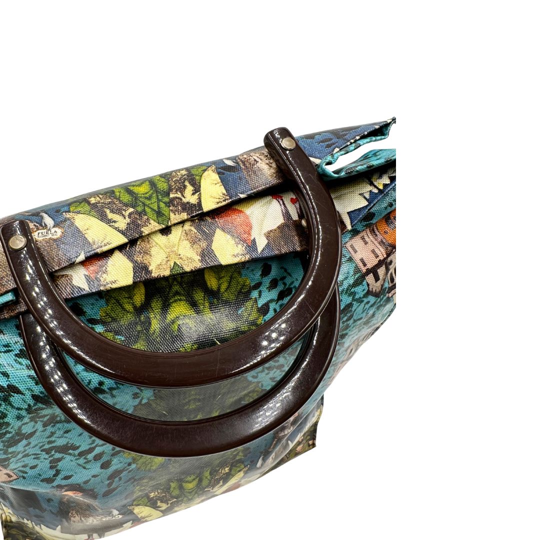 Manici Borsa Furla in fibra sintetica multicolore stampata con fantasia artistica surreale e manici rigidi marroni in acetato con inserti metalliche dorate. Completa di dustbag. Originale, usata, di lusso, in ottime condizioni