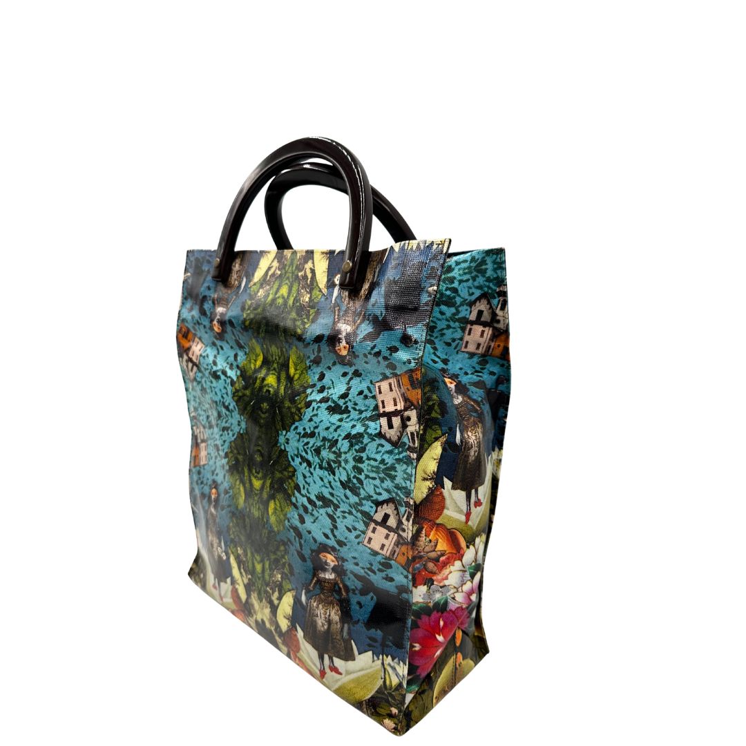 Laterali Borsa Furla in fibra sintetica multicolore stampata con fantasia artistica surreale e manici rigidi marroni in acetato con inserti metalliche dorate. Completa di dustbag. Originale, usata, di lusso, in ottime condizioni