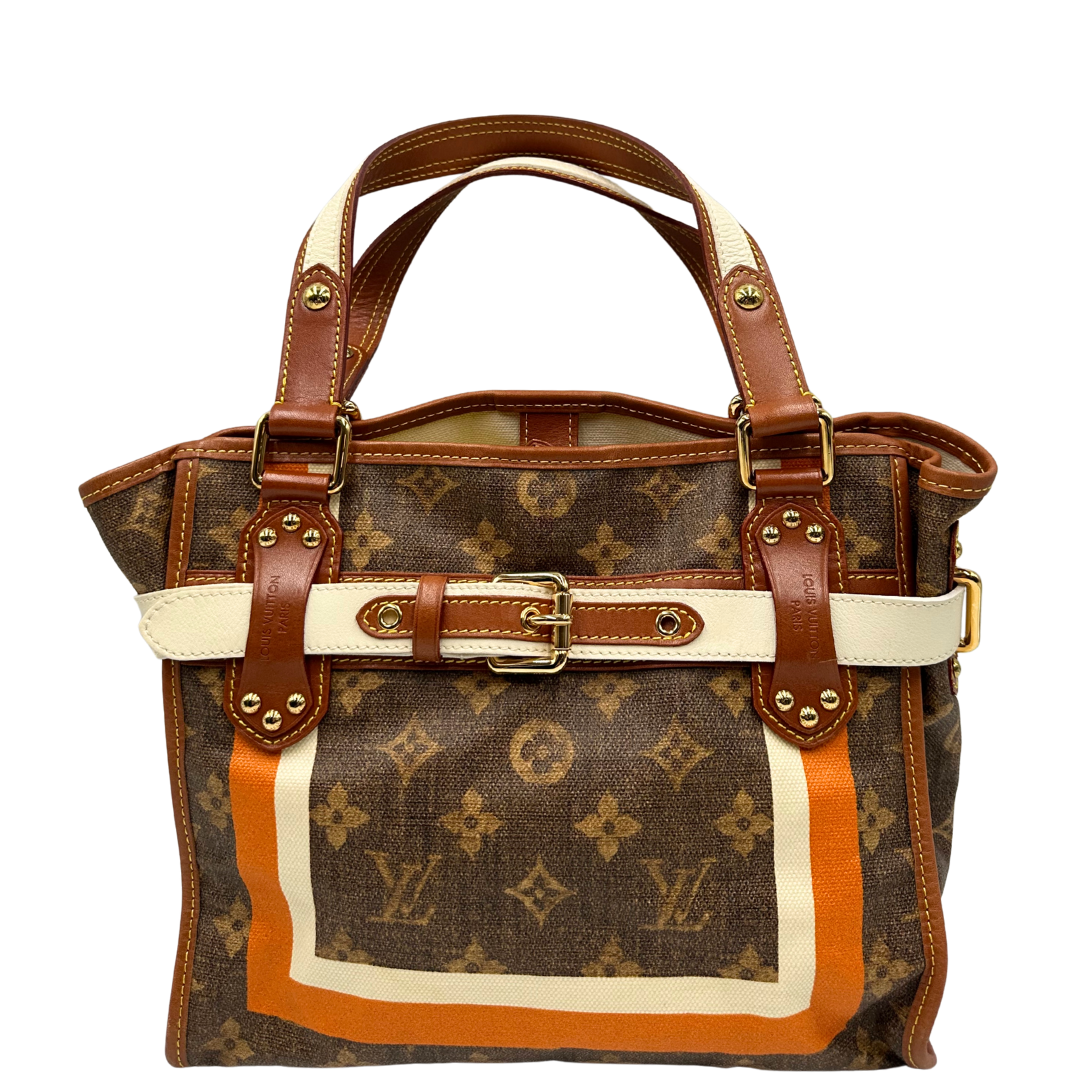 Front Borsa Louis Vuitton Tisse Rayures in tela monogram arricchita da finiture in pelle color cognac e crema con dettagli metalliche dorate; munita di due manici in pelle. Completa di scatola e dustbag. Originale, usata, di lusso, in ottime condizioni