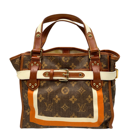 Front Borsa Louis Vuitton Tisse Rayures in tela monogram arricchita da finiture in pelle color cognac e crema con dettagli metalliche dorate; munita di due manici in pelle. Completa di scatola e dustbag. Originale, usata, di lusso, in ottime condizioni