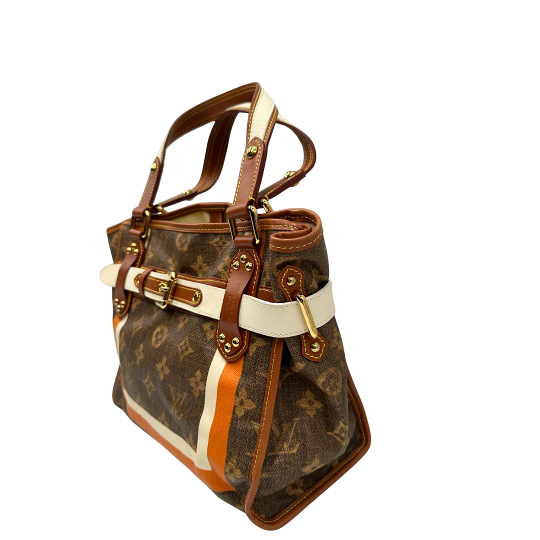 Laterali Borsa Louis Vuitton Tisse Rayures in tela monogram arricchita da finiture in pelle color cognac e crema con dettagli metalliche dorate; munita di due manici in pelle. Completa di scatola e dustbag. Originale, usata, di lusso, in ottime condizioni