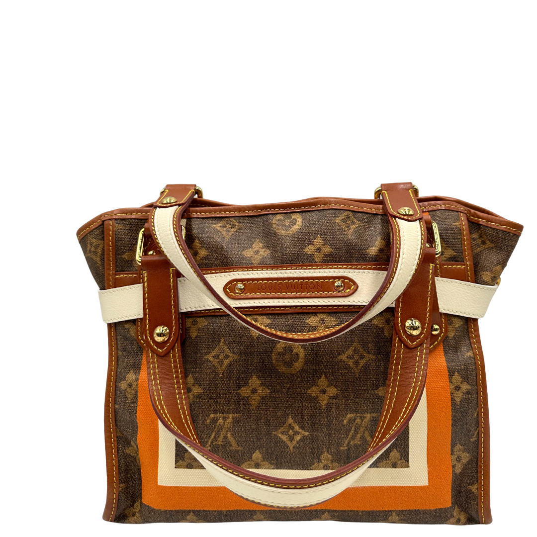 Retro Borsa Louis Vuitton Tisse Rayures in tela monogram arricchita da finiture in pelle color cognac e crema con dettagli metalliche dorate; munita di due manici in pelle. Completa di scatola e dustbag. Originale, usata, di lusso, in ottime condizioni