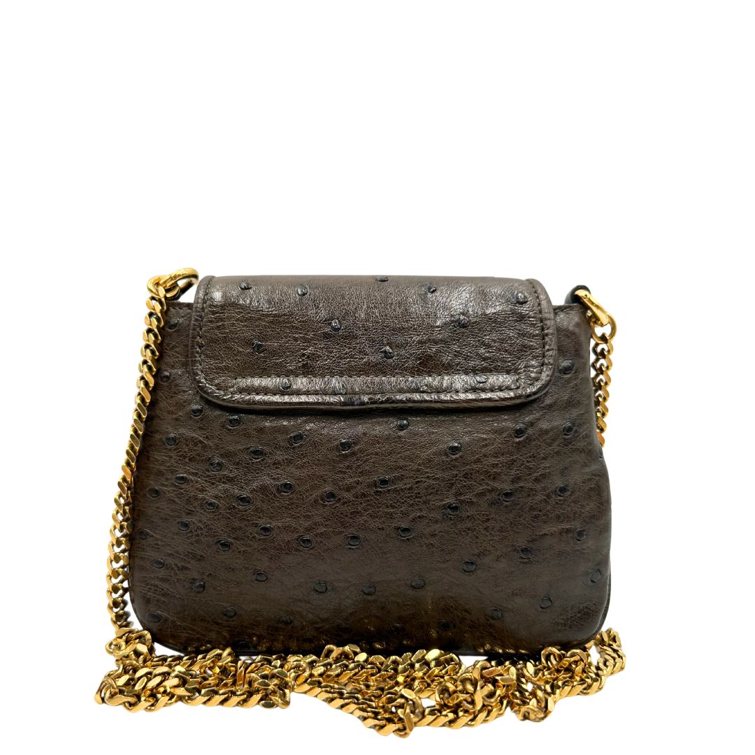 Retro di una borsa a tracolla Gucci 1973 in pelle marrone caffè trama struzzo con parti metalliche dorate. Munita di una tracolla in catena non amovibile e non regolabile. Completa di corredo.