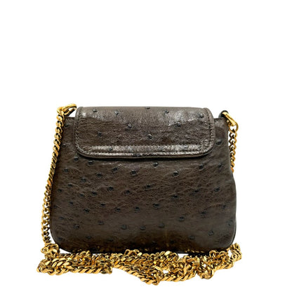 Retro di una borsa a tracolla Gucci 1973 in pelle marrone caffè trama struzzo con parti metalliche dorate. Munita di una tracolla in catena non amovibile e non regolabile. Completa di corredo.