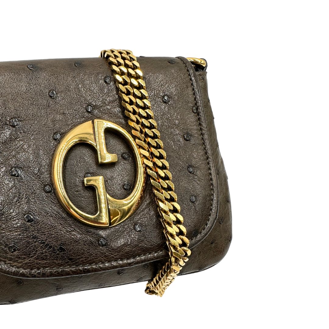 Dettaglio logo di una borsa a tracolla Gucci 1973 in pelle marrone caffè trama struzzo con parti metalliche dorate. Munita di una tracolla in catena non amovibile e non regolabile. Completa di corredo.