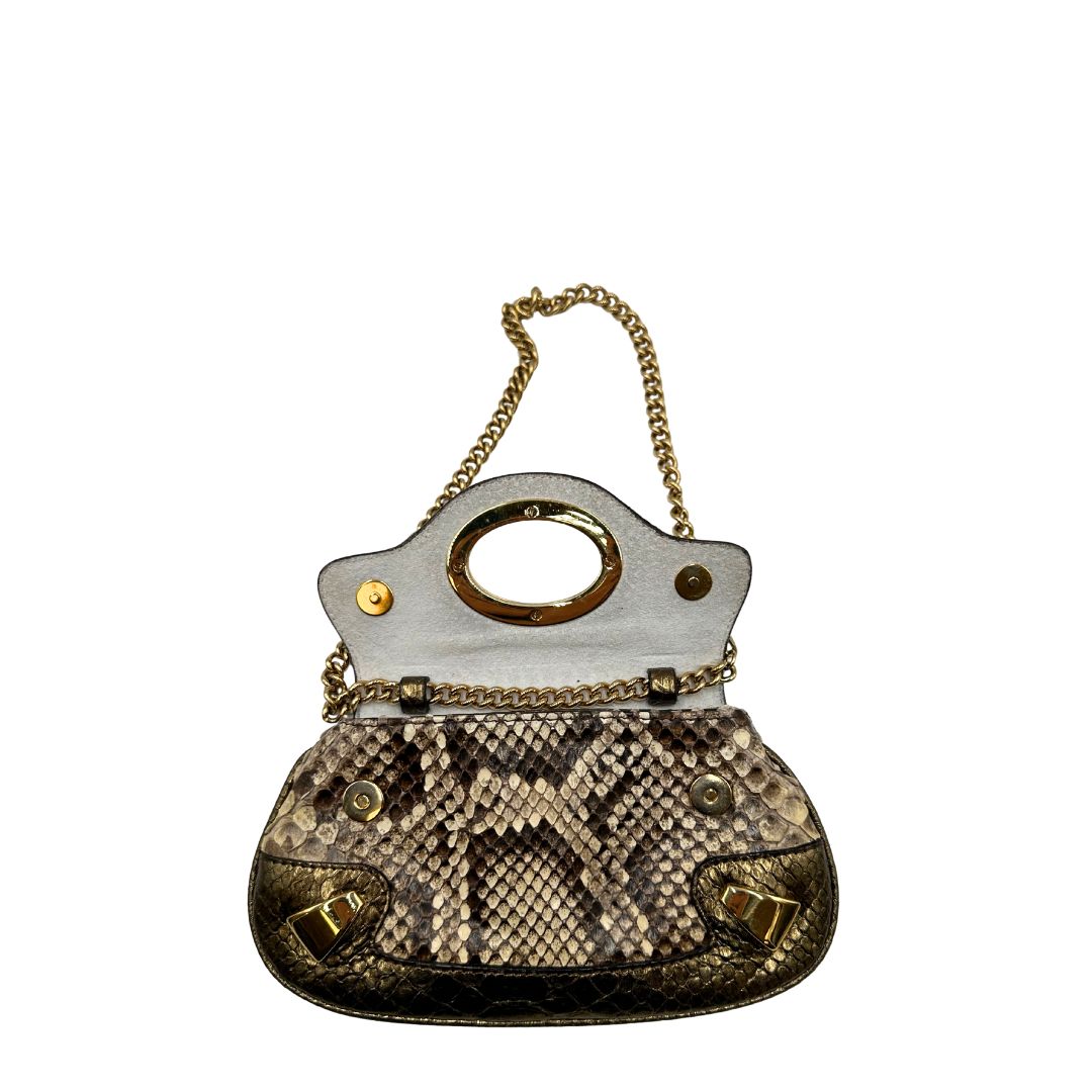 interno Pochette Dolce & Gabbana sui toni caldi del marrone e del beige, trama animalier e parti metalliche dorate; munita di una mini pochette amovibile. Completa di dustbag, di lusso, originale, ottime condizioni, usata. 