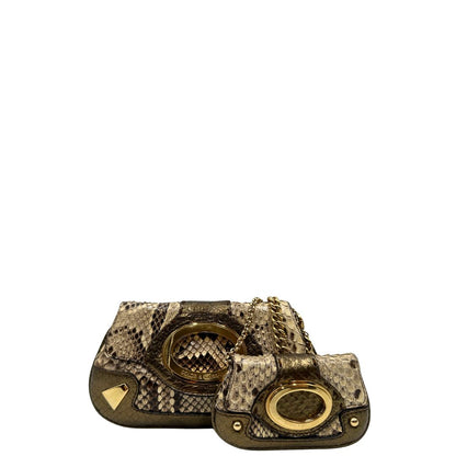 front Pochette Dolce & Gabbana sui toni caldi del marrone e del beige, trama animalier e parti metalliche dorate; munita di una mini pochette amovibile. Completa di dustbag, di lusso, originale, ottime condizioni, usata. 