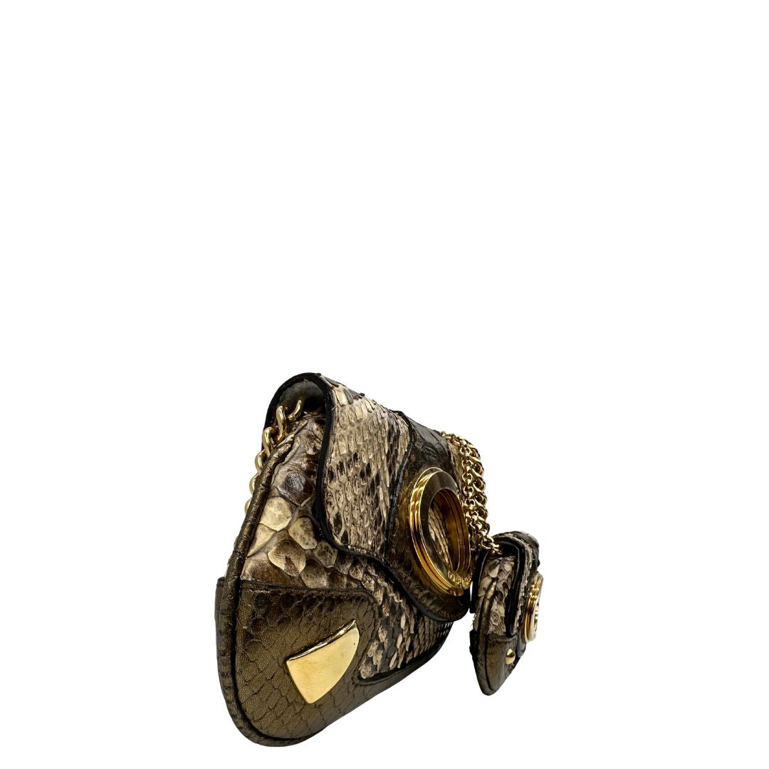 lato Pochette Dolce & Gabbana sui toni caldi del marrone e del beige, trama animalier e parti metalliche dorate; munita di una mini pochette amovibile. Completa di dustbag, di lusso, originale, ottime condizioni, usata.