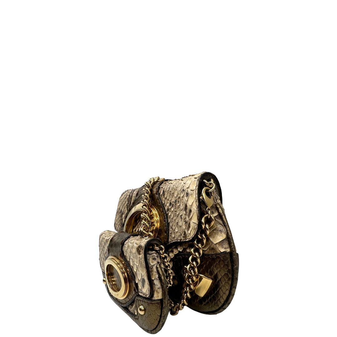 lato Pochette Dolce & Gabbana sui toni caldi del marrone e del beige, trama animalier e parti metalliche dorate; munita di una mini pochette amovibile. Completa di dustbag, di lusso, originale, ottime condizioni, usata. 