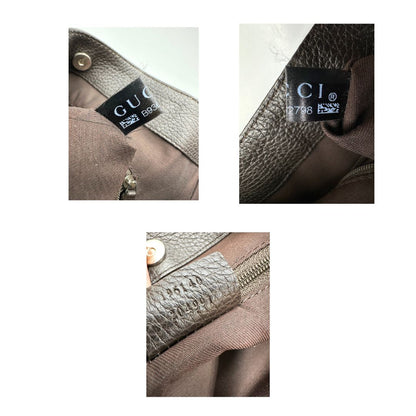 Codici di una borsa Gucci in tessuto marrone GG con finiture in pelle tono su tono e parti metalliche argentate; munita di un manico singolo, indossabile a spalla.