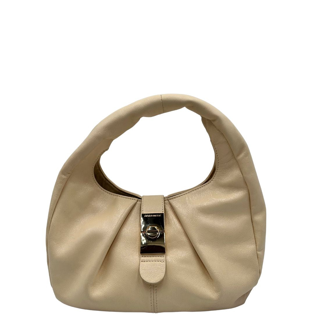 Front Borsa Borbonese in pelle biege con parti metalliche dorate; munita di un manico singolo. Completa di dustbag. Originale, usata, di lusso, in ottime condizioni