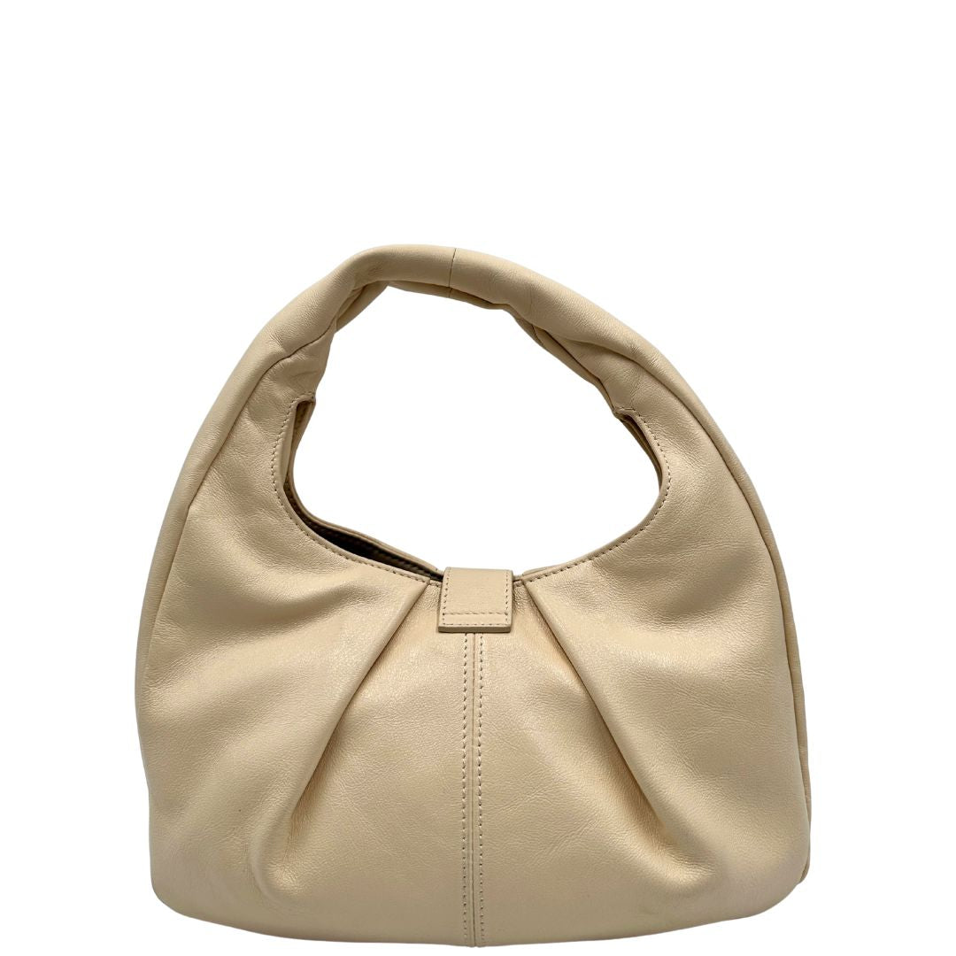 Retro Borsa Borbonese in pelle biege con parti metalliche dorate; munita di un manico singolo. Completa di dustbag. Originale, usata, di lusso, in ottime condizioni