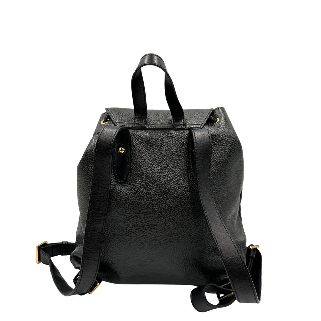 Retro Zaino The Bridge in pelle martellata nera, rifinito con parti metalliche dorate, munito di bretelle in pelle regolabili. Completo di dustbag. Originale, usata, di lusso, in ottime condizioni