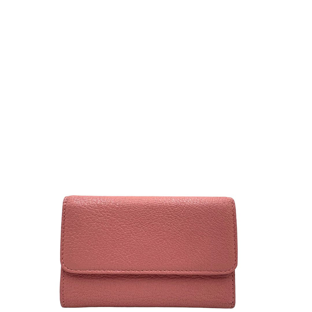 portafoglio Miu Miu in pelle rosa martellata con parti metalliche dorate 