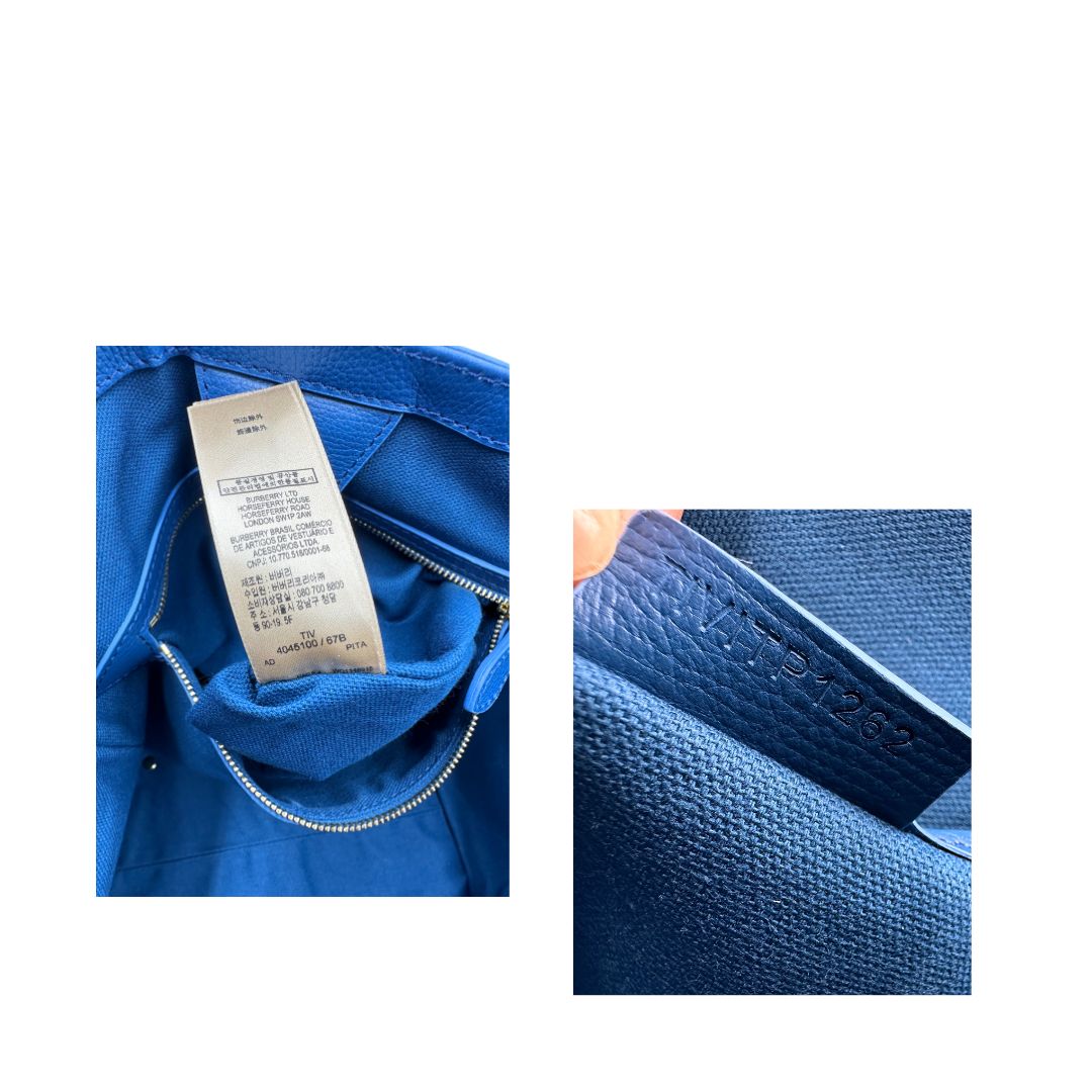 codice di una Borsa Burberry in canvas beige trama tartan rifinita con parti in pelle blu e impreziosita da stampa floreale; indossabile a spalla. Originale, usata, di lusso, in ottime condizioni.