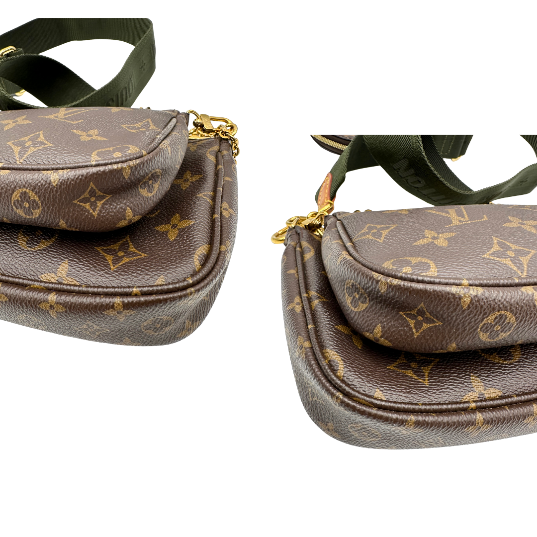 Angoli del'Iconica Multi Pochette Accessoires Louis Vuitton in canvas marrone monogram con dettagli in vacchetta naturale, manico in catena dorata e tracolla in tessuto Jacquard verde kaki. Dotata del classico mini portamonete rotondo, rimovibile. Originale, usata, di lusso, in ottime condizioni