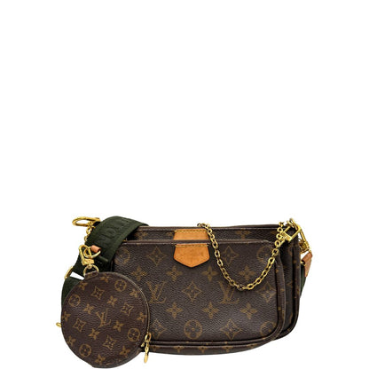 Front del'Iconica Multi Pochette Accessoires Louis Vuitton in canvas marrone monogram con dettagli in vacchetta naturale, manico in catena dorata e tracolla in tessuto Jacquard verde kaki. Dotata del classico mini portamonete rotondo, rimovibile. Originale, usata, di lusso, in ottime condizioni