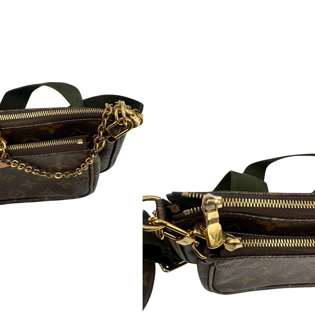 Iconica Multi Pochette Accessoires Louis Vuitton in canvas marrone monogram con dettagli in vacchetta naturale, manico in catena dorata e tracolla in tessuto Jacquard verde kaki. Dotata del classico mini portamonete rotondo, rimovibile. Originale, usata, di lusso, in ottime condizioni