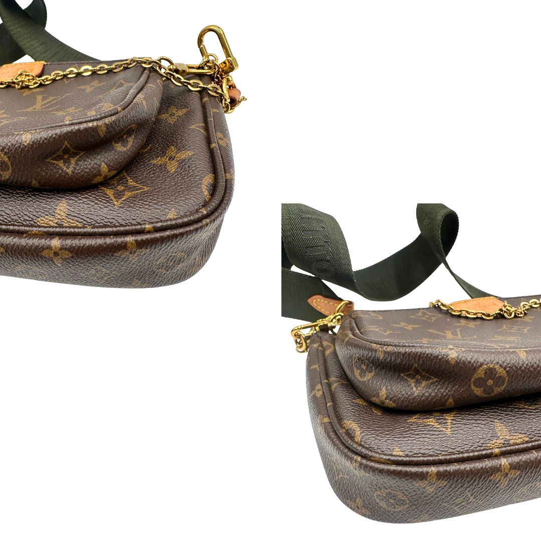 Angoli del'Iconica Multi Pochette Accessoires Louis Vuitton in canvas marrone monogram con dettagli in vacchetta naturale, manico in catena dorata e tracolla in tessuto Jacquard verde kaki. Dotata del classico mini portamonete rotondo, rimovibile. Originale, usata, di lusso, in ottime condizioni