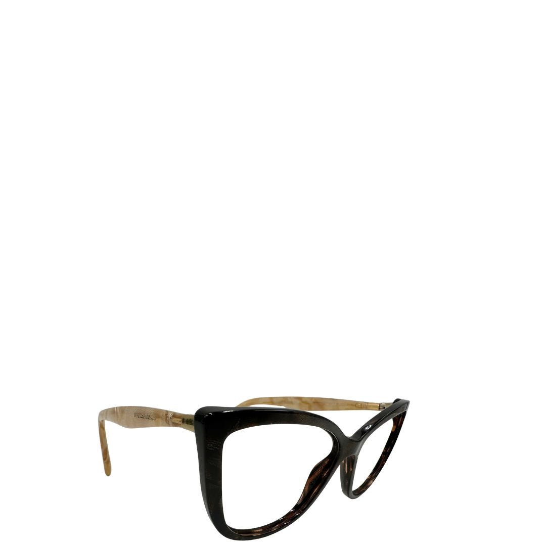 Montatura occhiali Dolce & Gabbana in acetato marrone effetto tartarugato con asticelle beige perlato e dettagli metallici dorati. Originali, usati, di lusso, in ottime condizioni