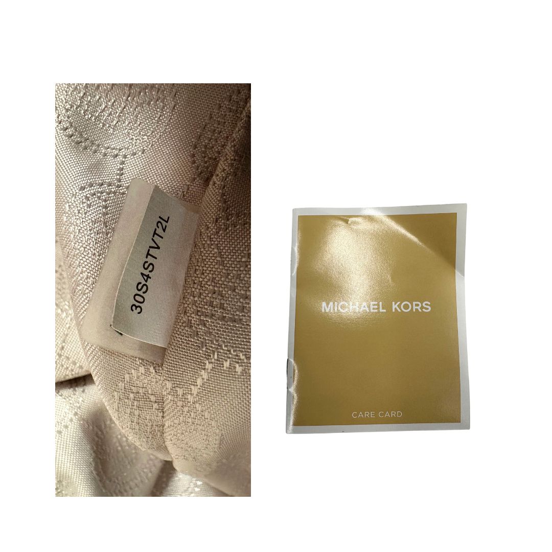 Codice di una Borsa Michael Kors in pelle saffiano tortora rifinita con parti metalliche argentate, munita di doppi manici, da portare a spalla. Originale, usata, di lusso, in ottime condizioni