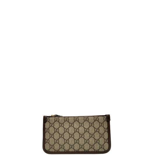 Front di un Accessorio Pochette Gucci per borse in canvas beige GG con inserti metallici dorati e dettagli in pelle martellata marrone. Completa di dustbag. Originale, usata, di lusso, in ottime condizioni