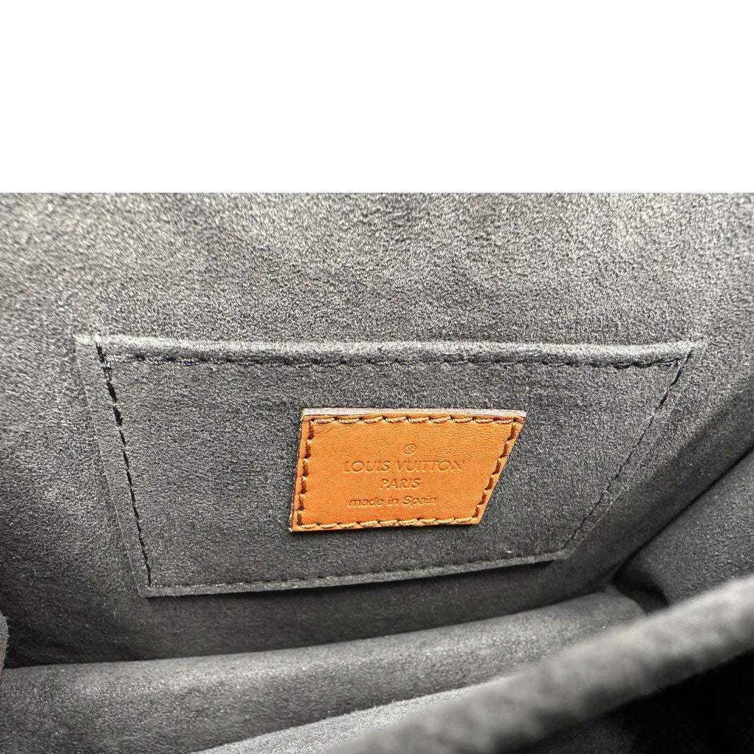 Interno di una Borsa Dauphine Mini Louis Vuitton in tela monogram, e monogram reverse bicolore con finiture in pelle cognac e parti metalliche dorate, munita di una tracolla in pelle allungabile e un manico in catena, amovibili. Originale, usata, di lusso, in ottime condizioni