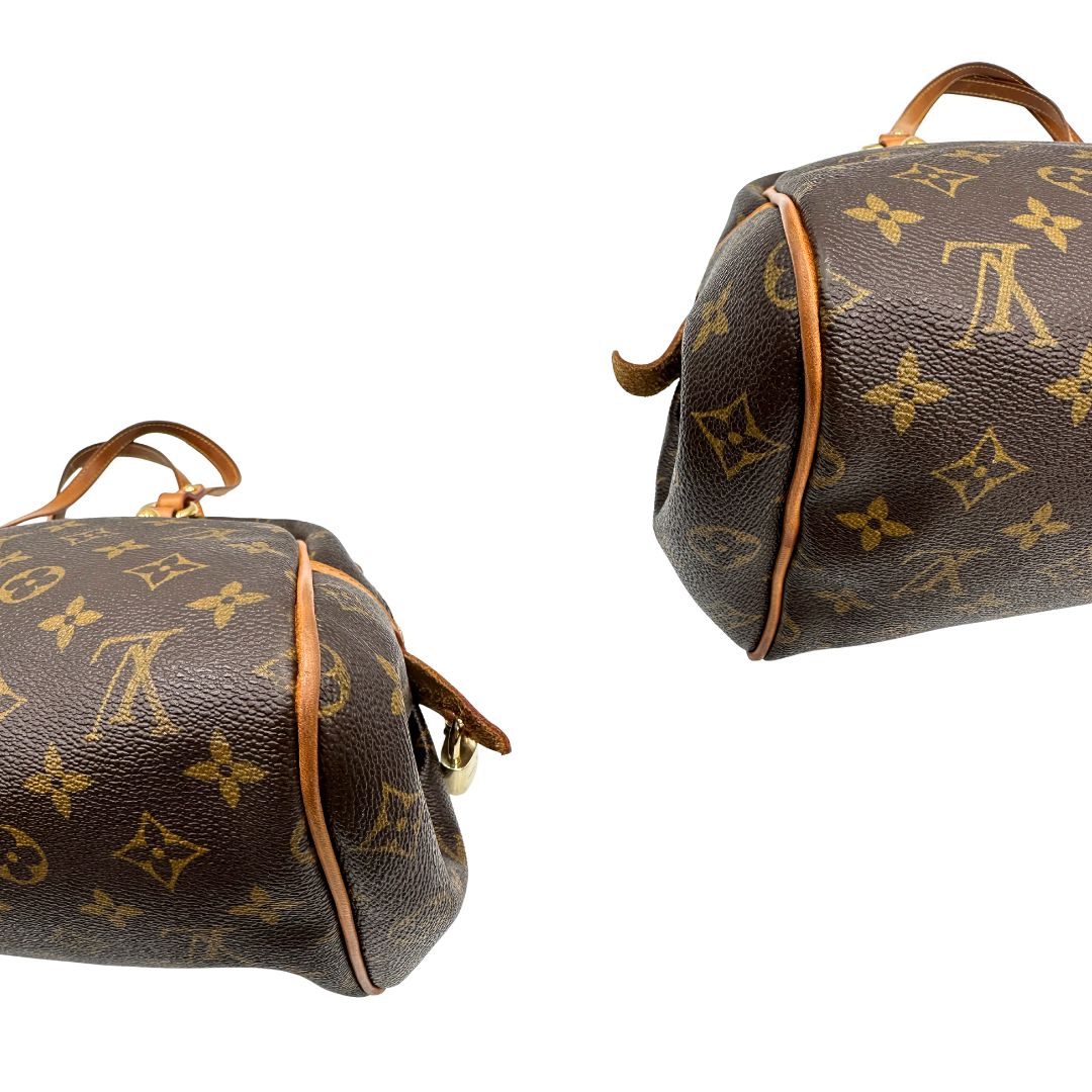 Borsa Montorgueil Louis Vuitton in canvas marrone monogram con finiture in vacchetta naturale e parti metalliche dorate; da indossare a spalla. Originale, usata, di lusso, in ottime condizioni.