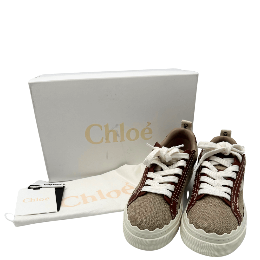 Sneaker Lauren Chloé in lino e pelle beige, bianco, marrone. Scarpe di lusso usate originali