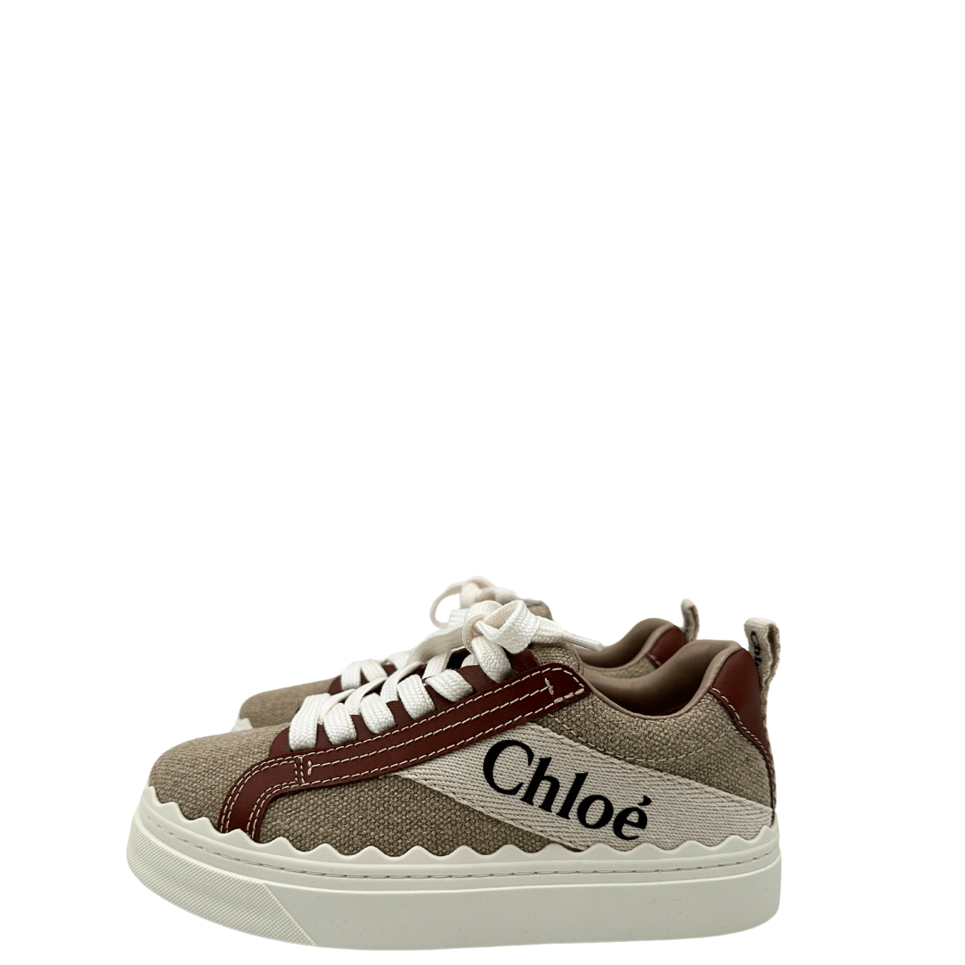 Sneaker Lauren Chloé in lino e pelle beige, bianco, marrone. Scarpe di lusso usate originali