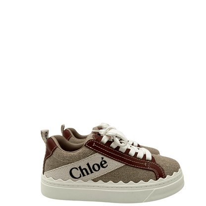 Sneaker Lauren Chloé in lino e pelle beige, bianco, marrone. Scarpe di lusso usate originali