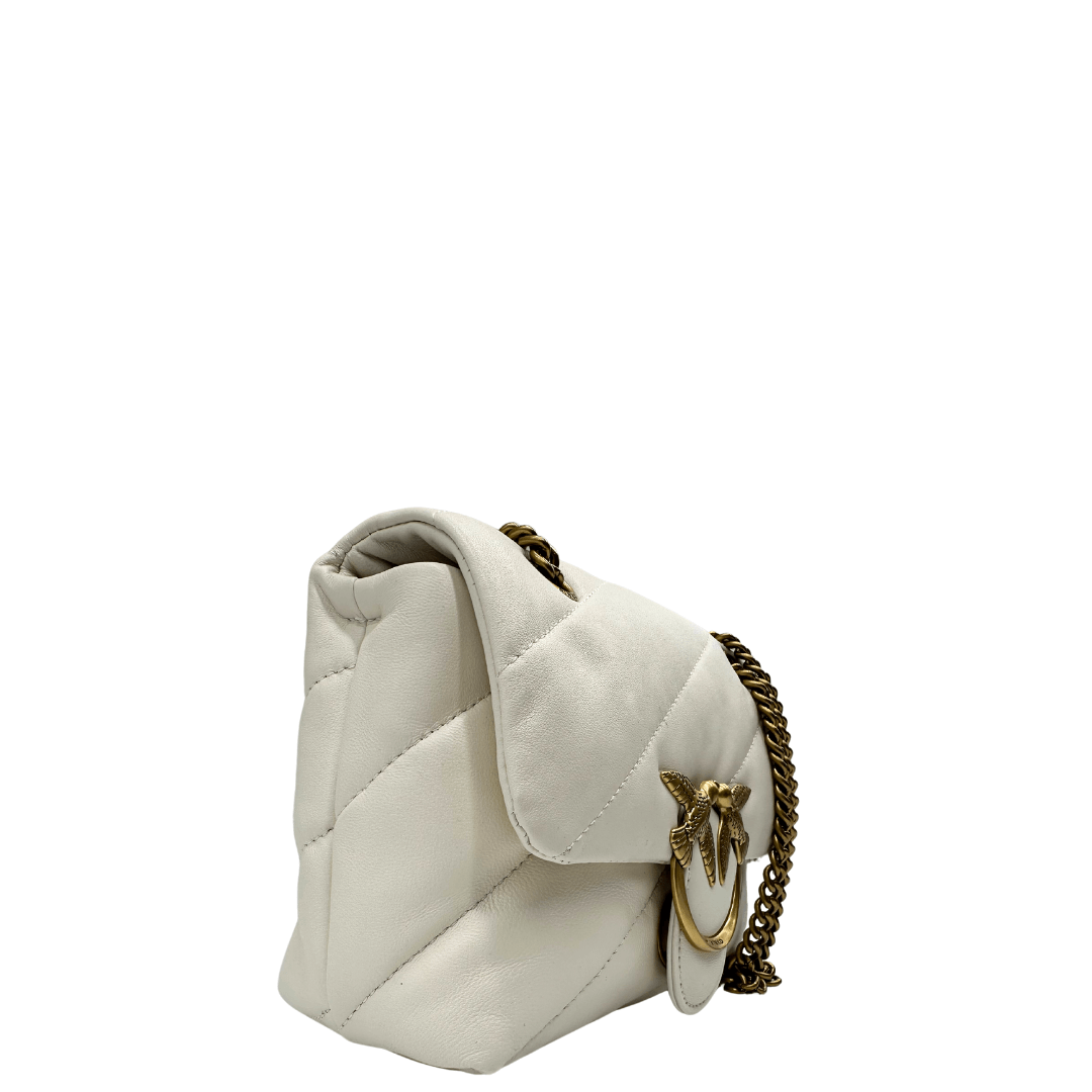 Borsa Pinko love bag puff in pelle matelassé bianca. Borse di lusso usate