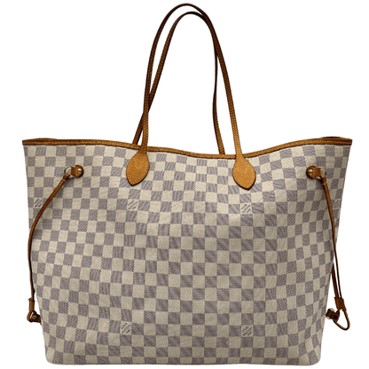 Louis Vuitton Neverfull GM Damier Azur, una borsa spaziosa e versatile in canvas con motivo a scacchi, ideale per ogni occasione.