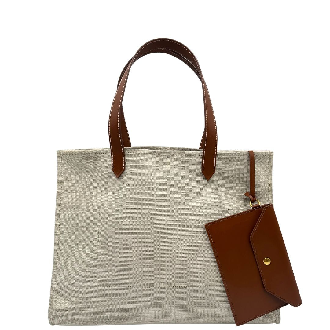 retro Borsa Balmain in tessuto color sabbia rifinita con parti in pelle marroni; munita di doppi manici e una pochette estraibile 