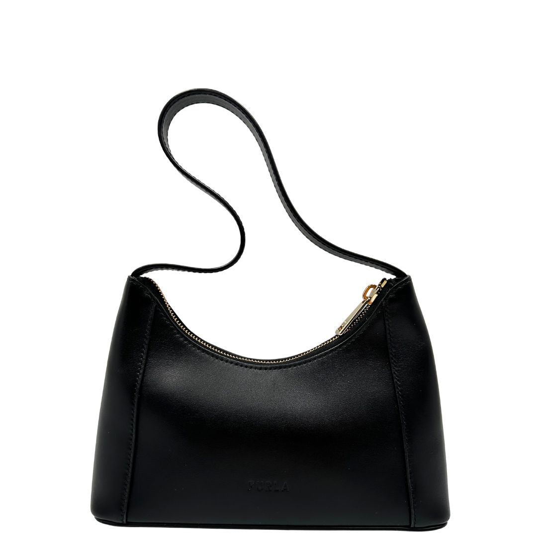 retro Borsa Furla in pelle nera con parti metalliche dorate; munita di un manico singolo, indossabile a spalla. Completa di dustbag 
