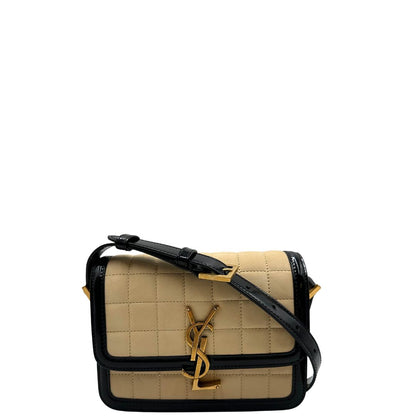 front Borsa Saint Laurent in pelle nabuk beige e pelle lucida nera con parti metalliche dorate, impreziosita da iconico logo Cassandre sul front; munita di un manico regolabile. Completa di corredo.  
