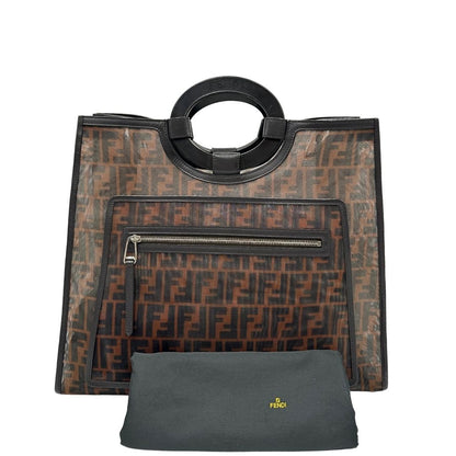 Borsa Fendi in tela rivestita in PVC con trama Zucca semitrasparente con parti metalliche argentate e finiture in pelle color testa di moro; munita di doppi manici rigidi; da portare a mano. Completa di dustbag, di lusso, originale, ottime condizioni 