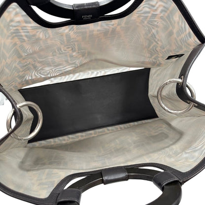interno Borsa Fendi in tela rivestita in PVC con trama Zucca semitrasparente con parti metalliche argentate e finiture in pelle color testa di moro; munita di doppi manici rigidi; da portare a mano. Completa di dustbag, di lusso, originale, ottime condizioni 
