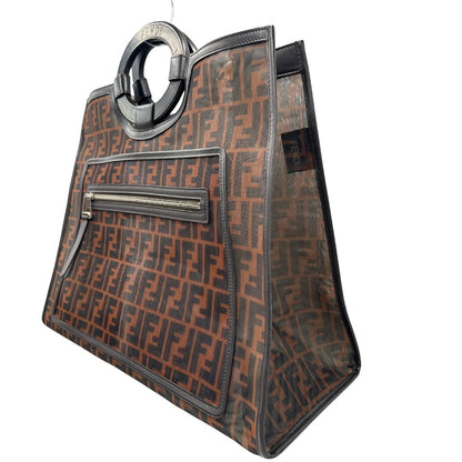 lato Borsa Fendi in tela rivestita in PVC con trama Zucca semitrasparente con parti metalliche argentate e finiture in pelle color testa di moro; munita di doppi manici rigidi; da portare a mano. Completa di dustbag, di lusso, originale, ottime condizioni