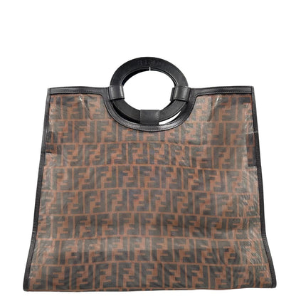 retro Borsa Fendi in tela rivestita in PVC con trama Zucca semitrasparente con parti metalliche argentate e finiture in pelle color testa di moro; munita di doppi manici rigidi; da portare a mano. Completa di dustbag, di lusso, originale, ottime condizioni