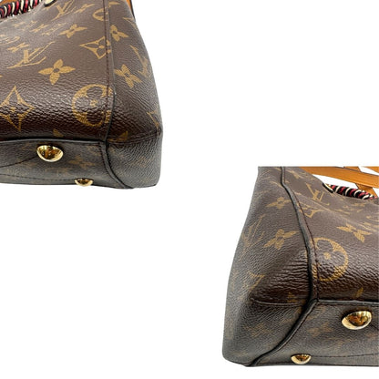 angoli Borsa Louis Vuitton in canvas marrone monogram con finiture in pelle multicolore e parti metalliche dorate; munita di doppi manici intrecciati e una tracolla amovibile. Completa di lucchetto e chiavi, di lusso, originale, ottime condizioni. 