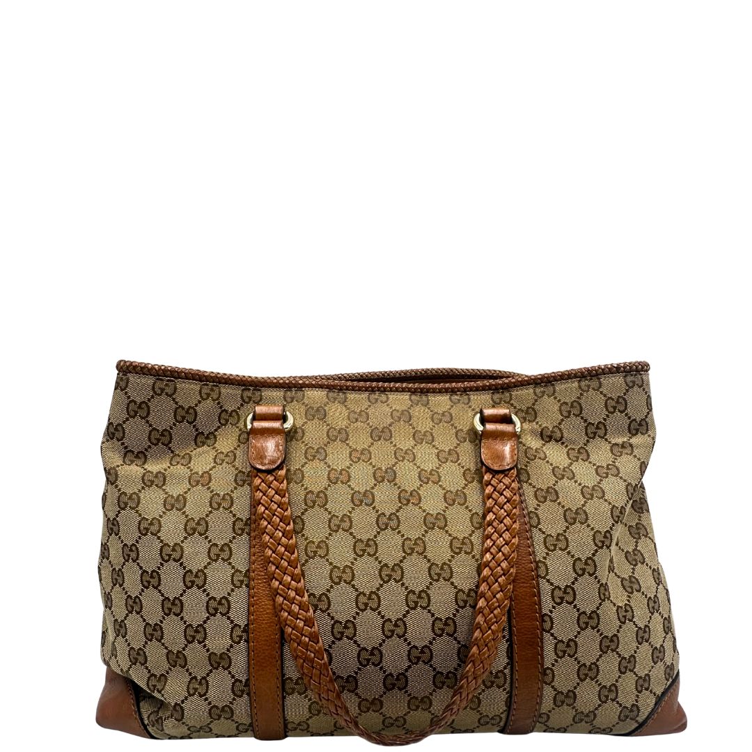Borsa Gucci in tessuto GG monogram con finiture in pelle marroni e parti metalliche dorate; munita di doppi manici, da portare a spalla, di lusso, originale, ottime condizioni.