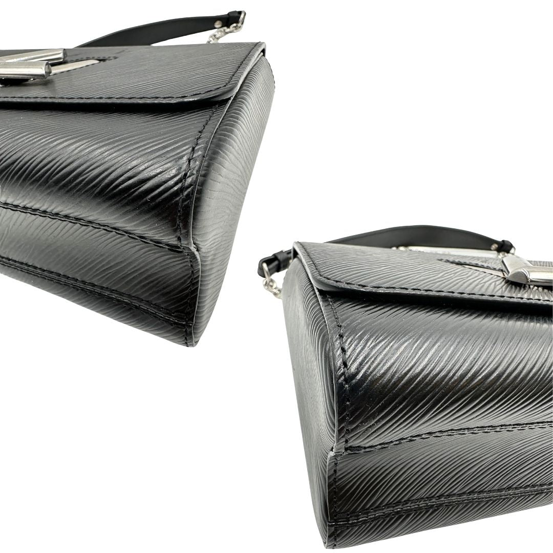 angoli Borsa Louis Vuitton in pelle Epi nera con parti metalliche argentate, munita di una tracolla scorrevole in catena e spallaccio in pelle. Rifinita con logo LV in metallo sul front. Completa di corredo, di lusso, originale, ottime condizioni, usata. 