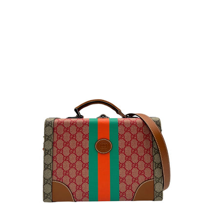 front Valigia rigida Gucci in canvas GG Supreme monogram con finiture in pelle marroni e parti metalliche argentate; munita di un manico singolo e una tracolla amovibile e regolabile. Completa di corredo, di lusso, originale, eccellenti condizioni.  