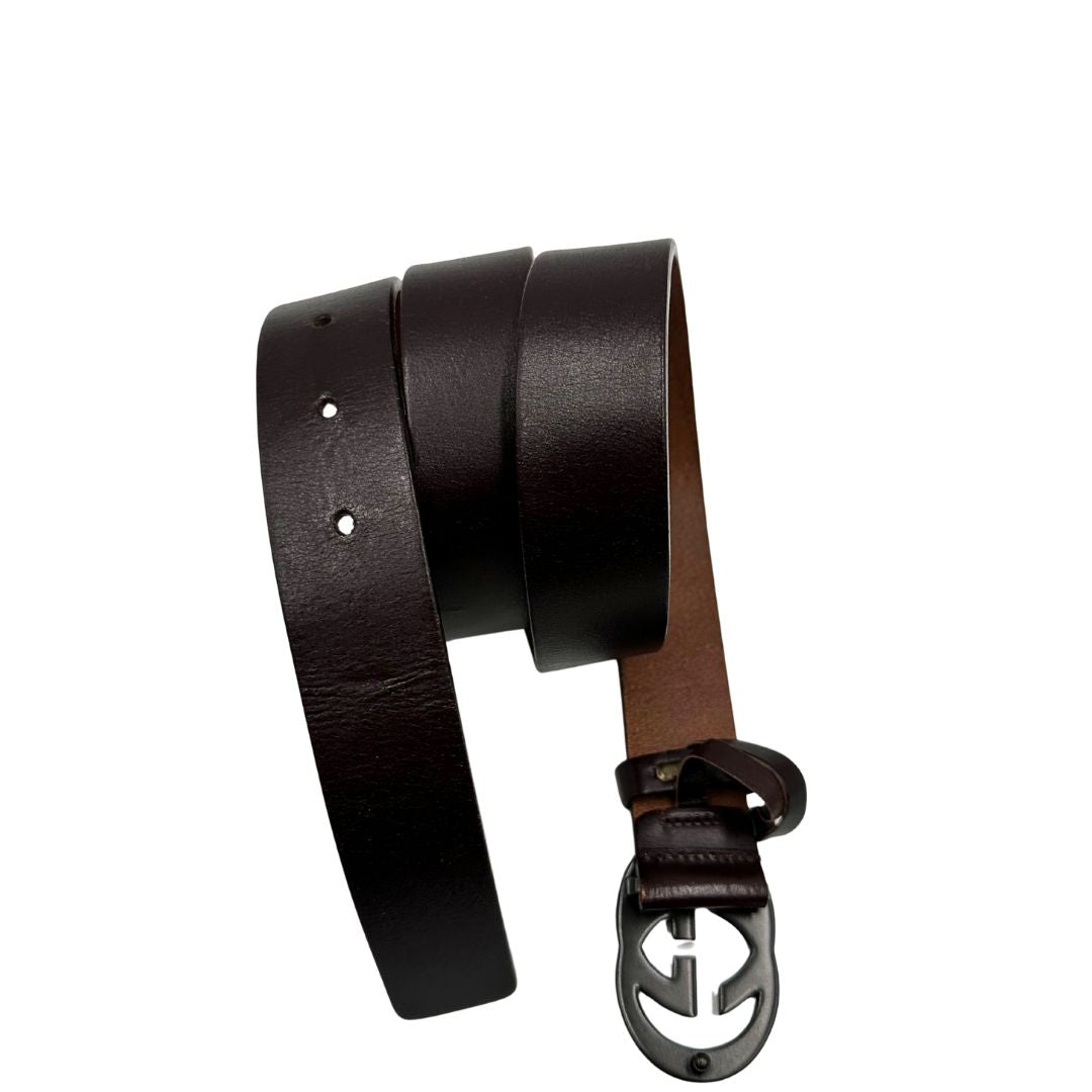 Cintura Gucci in pelle color testa di moro con parti metalliche tono su tono, di lusso, originale, ottime condizioni.