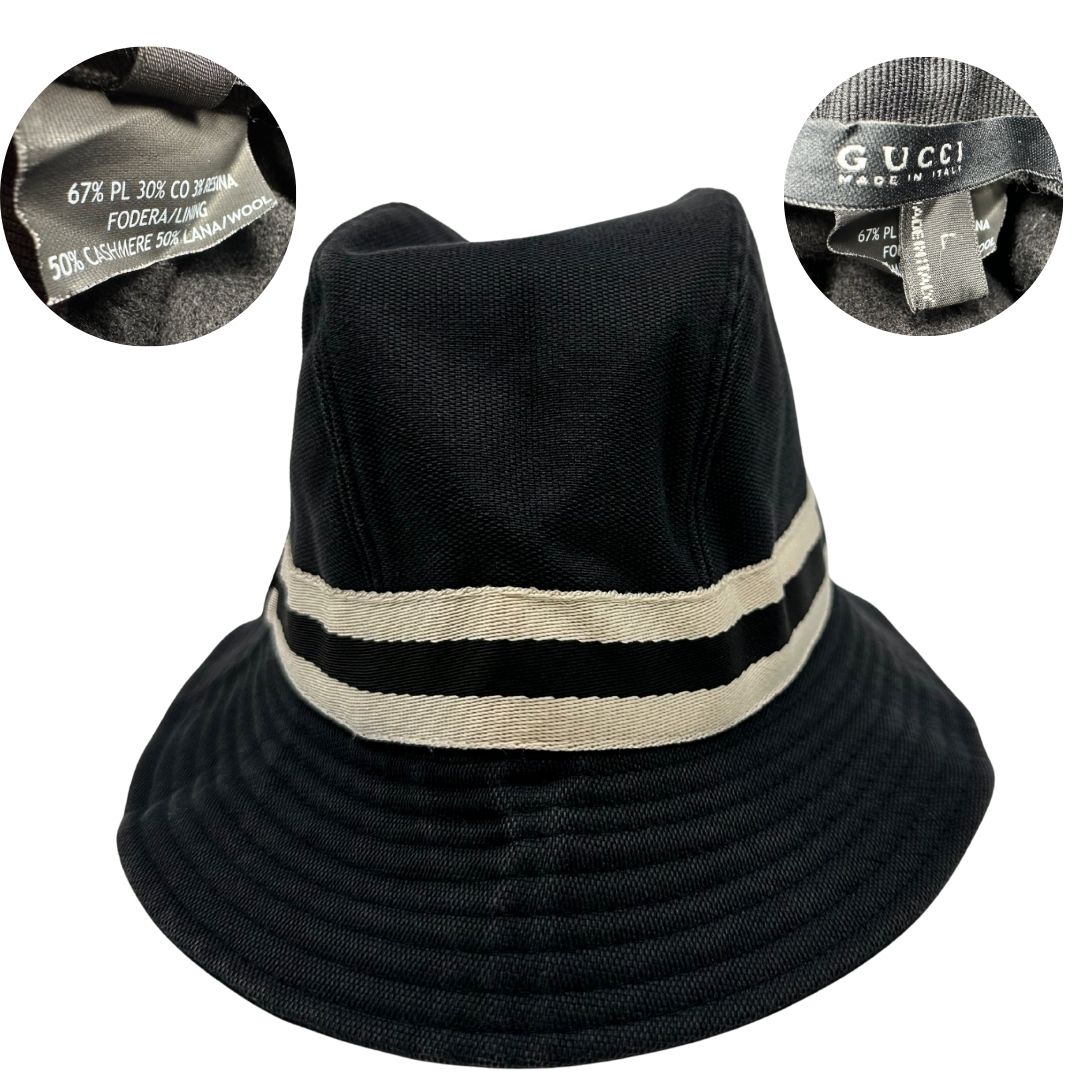 Cappello Gucci nero impreziosito da un nastro bicolore, di lusso, originale, ottime condizioni.