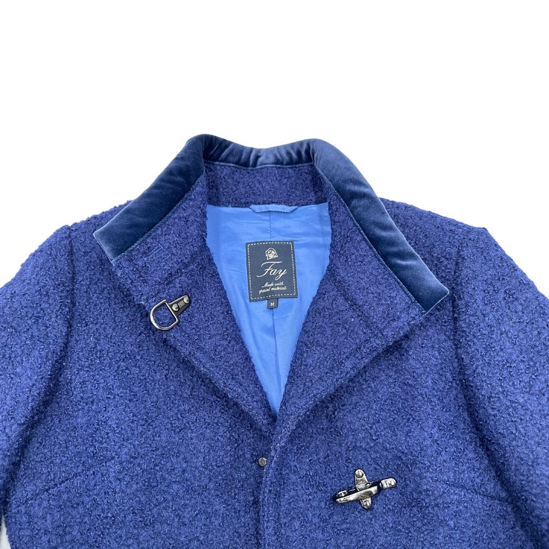 Cappotto Fay blu con inserti metallici effetto renio, in 54% lana vergine, 37% mohair e 3% poliammide, di lusso, originale, ottime condizioni.